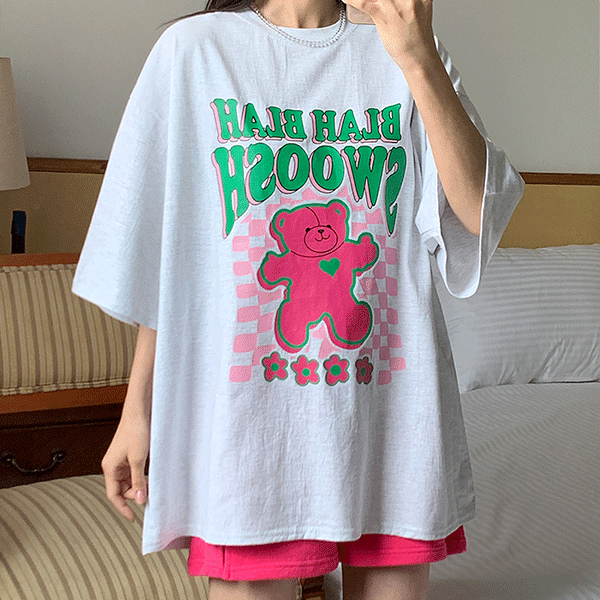[무료배송]스우 핑크 곰돌이 베어 박시핏 반팔 티셔츠 - t